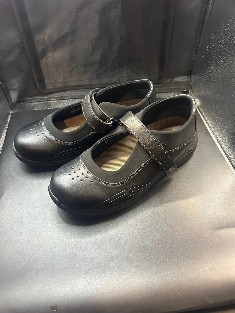 DREW Black Mary Jane Comfort Flats with Hook-and-Loop Strap